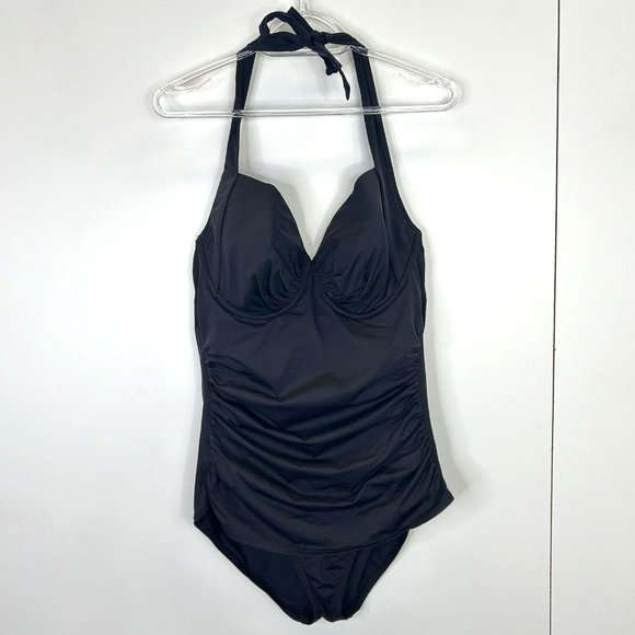 Tommy Bahama Other - Tommy Bahama Swimsuit Size 16 Black Retro One Piece Ruched Halter Underwire